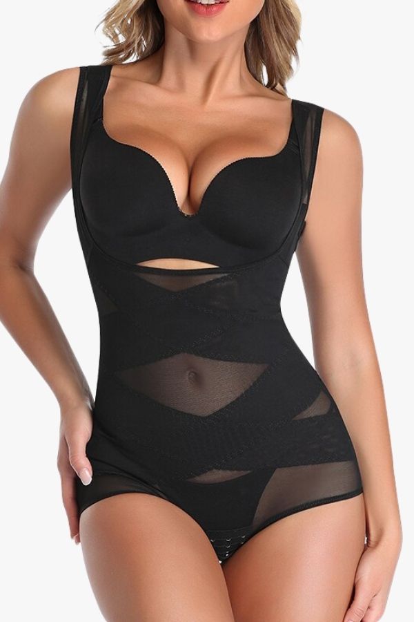 Mesh Criss-Cross Firm Control Shaping Bodysuit